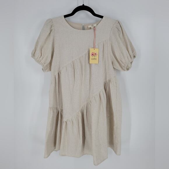 Ecote Cream Tiered Linen Blend Short Sleeve Mini Dress M